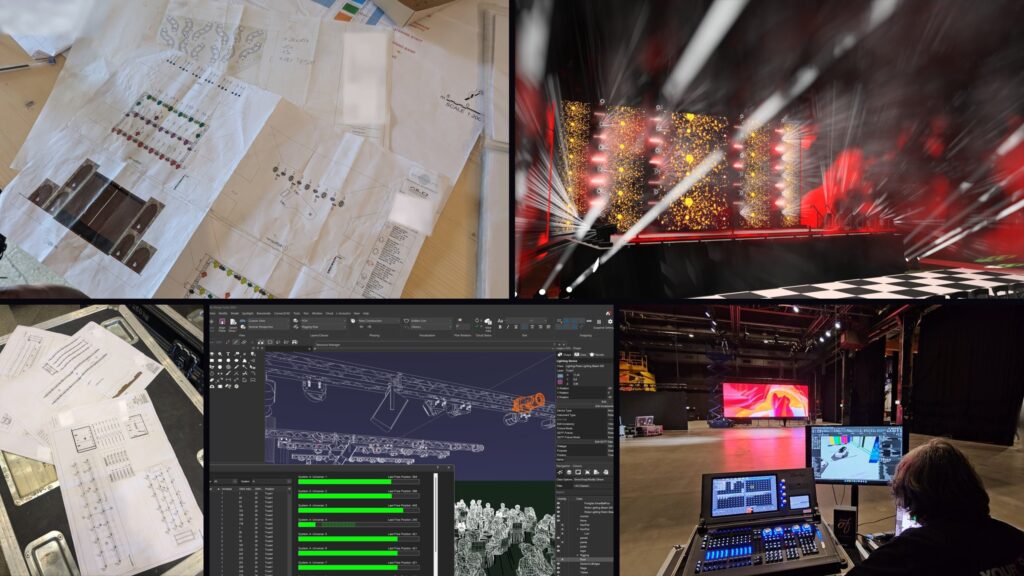 From drawing to show: lighting plots on a flight case and on the production table, a Vectorworks model with DMX patch, a previz render and the ChamSys desk at the venue