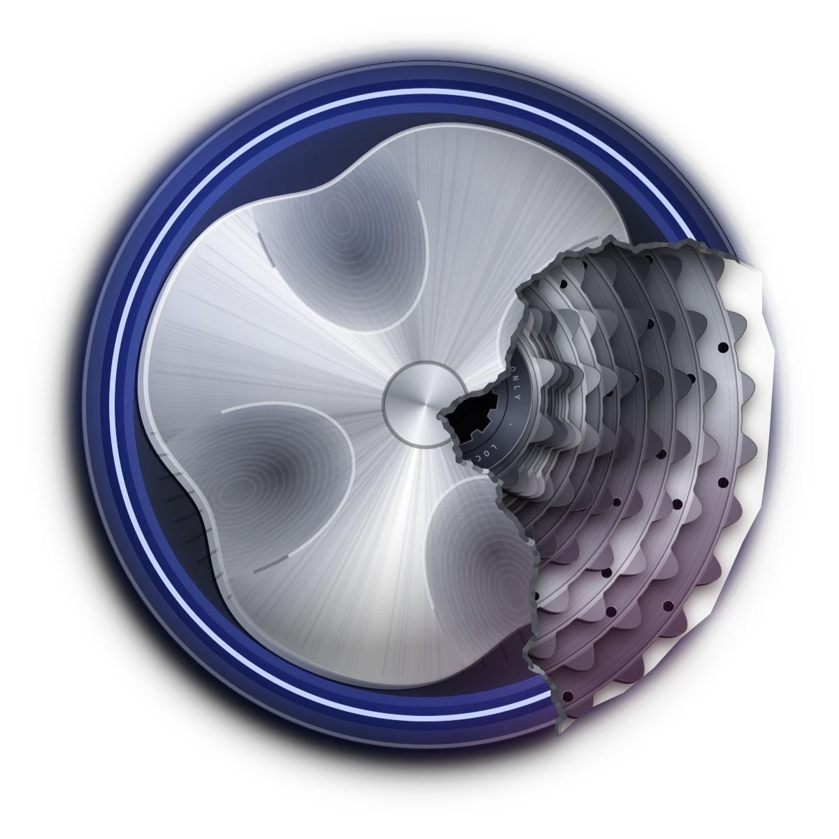 A lighting console encoder knob, broken open to reveal a bicycle cassette inside