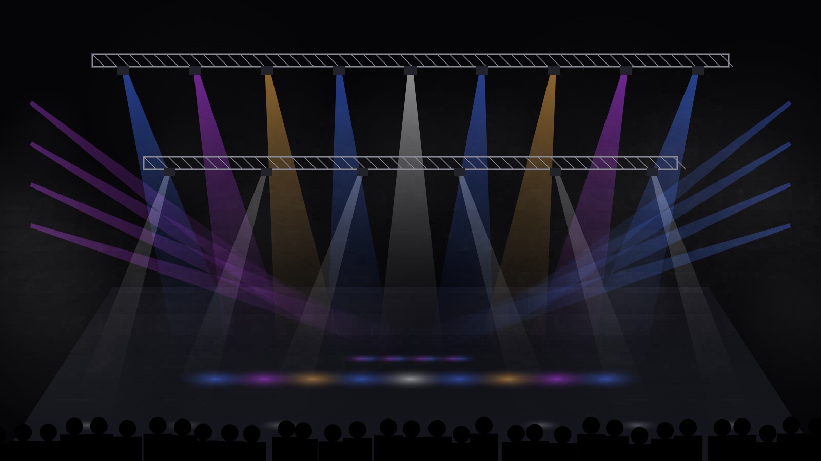 Illustration of a previsualised stage with coloured moving light beams in haze